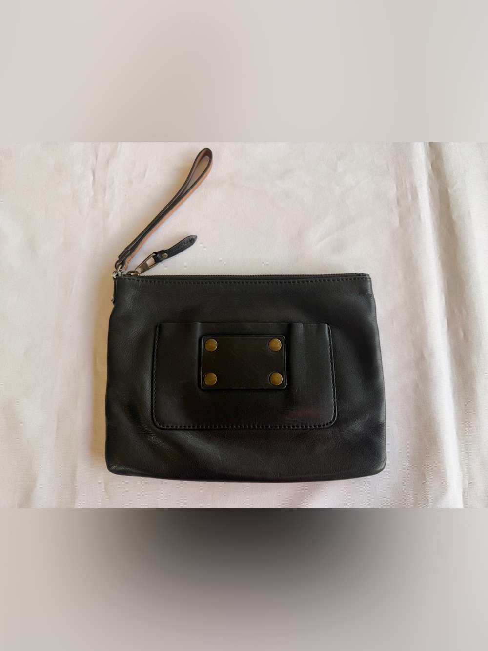 Ann Taylor Large Black Leather Wristlet with Brass-Tone Hardware